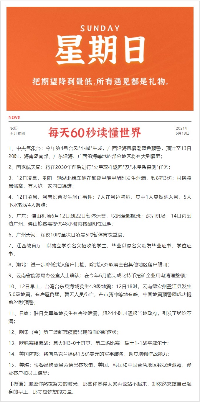 6月13日，星期日，在这里每天60秒读懂世界！