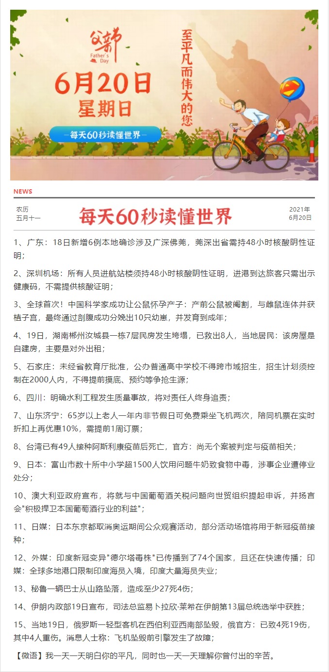 6月20日，星期日，在这里每天60秒读懂世界！